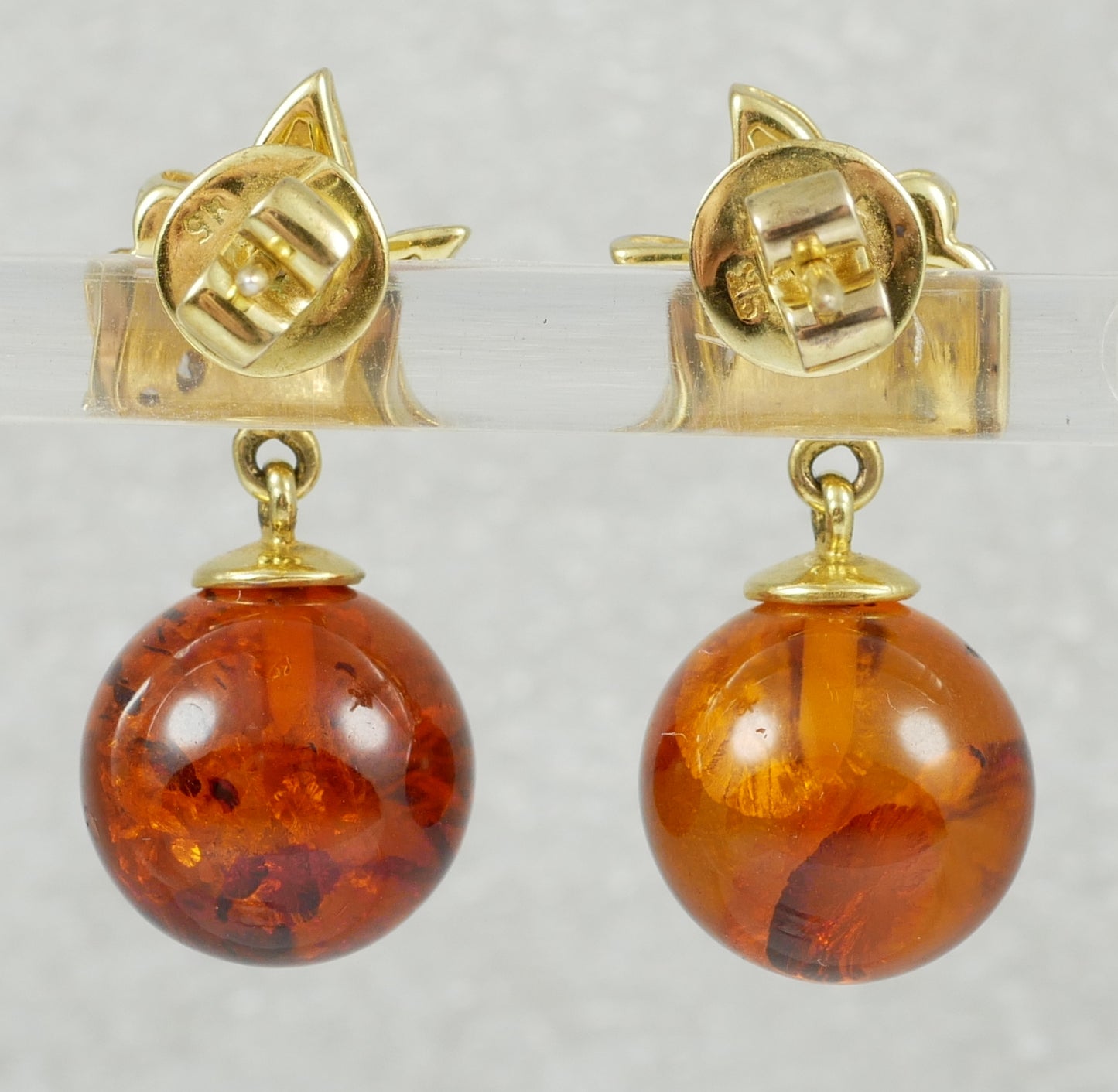Solid 9ct Yellow Gold Pair of Baltic Amber Bead Ball Dangle Drop Stud Earrings