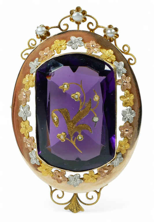 Antique Edwardian Solid 15ct Yellow Gold Purple Amethyst Glass Seed Pearl Brooch