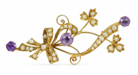Antique Edwardian Solid 15ct Yellow Gold Amethyst Glass Seed Pearl Brooch Pin 6g