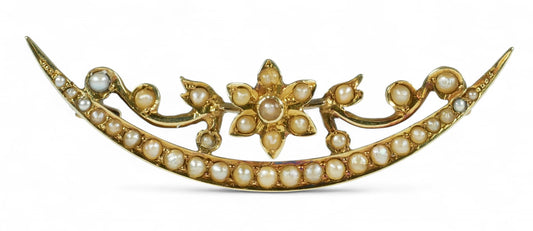 Antique Edwardian Solid 15ct Yellow Gold Crescent & Flower Seed Pearl Brooch Pin