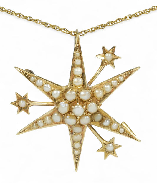 Antique Edwardian Solid 15ct Yellow Gold Sun Starburst Seed Pearl Pendant Brooch