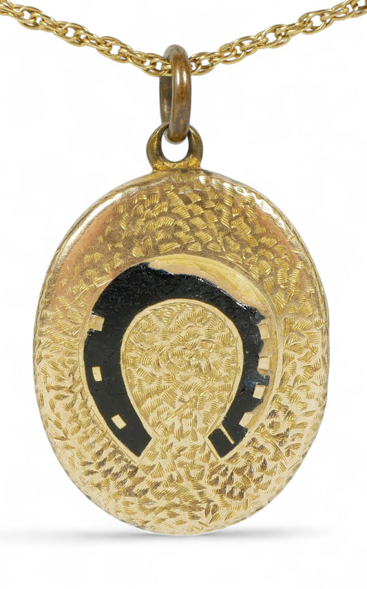 Antique Victorian 18ct Yellow Gold Enamel Horseshoe Oval Pendant Mourning Locket