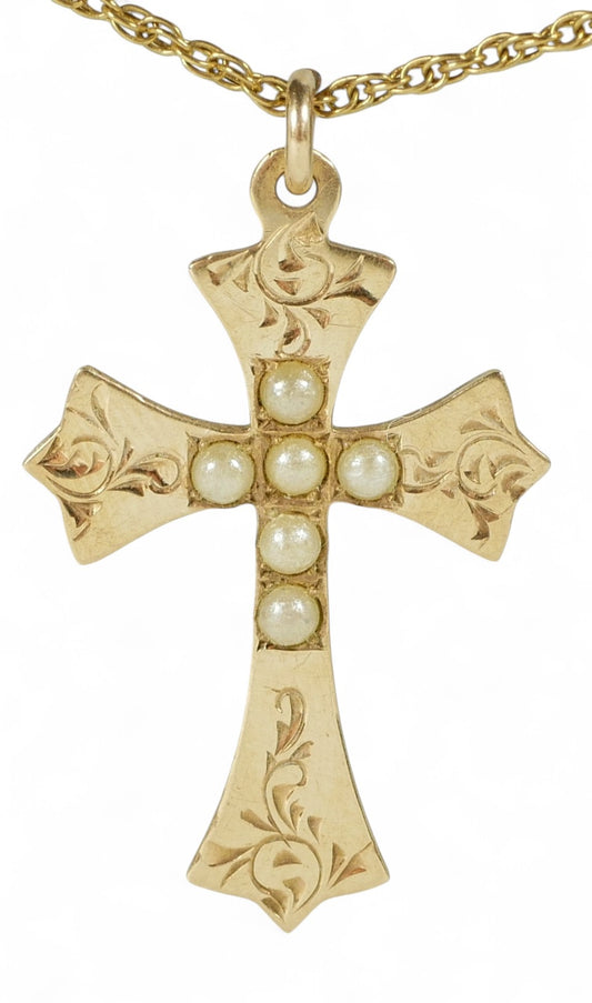 Vintage Rodd Solid 9ct Yellow Gold & Seed Pearl 29mm Cross Necklace Pendant 375