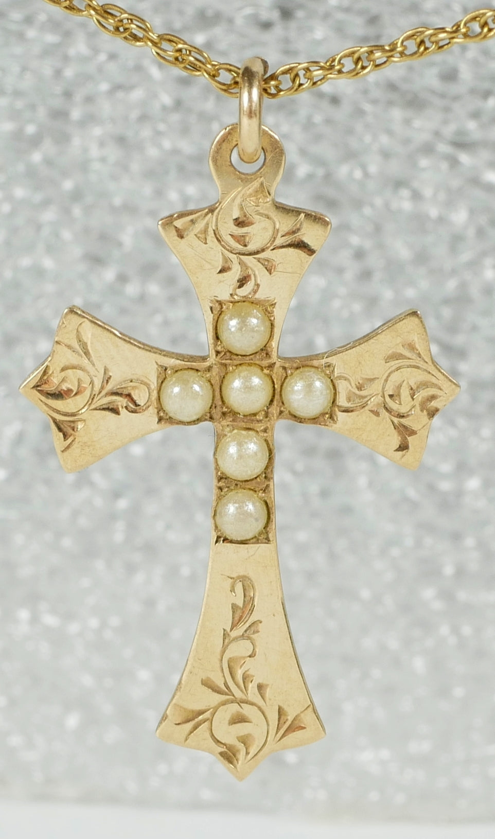 Vintage Rodd Solid 9ct Yellow Gold & Seed Pearl 29mm Cross Necklace Pendant 375