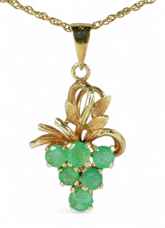 Vintage Solid 14ct Yellow Gold Emerald Cluster Grape Bunch Vine Necklace Pendant