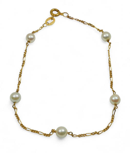 Solid 14ct Yellow Gold 18.5cm 7" Bracelet 5mm Pearl 1mm Figaro Chain Link Italy