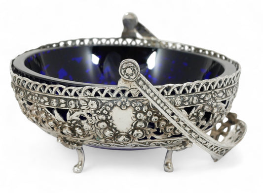Antique Vintage German 800 Silver Hildesheim Rose Sugar Bowl Blue Glass Liner