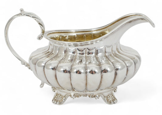 Antique Georgian 1830 Sterling Silver Milk Jug Creamer Melon Shape Fluted Kings