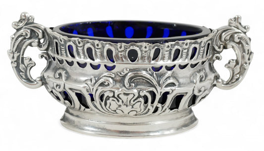 Antique Edwardian 1901 Repousse Sterling Silver Salt Cellar Bowl Blue Glass Set