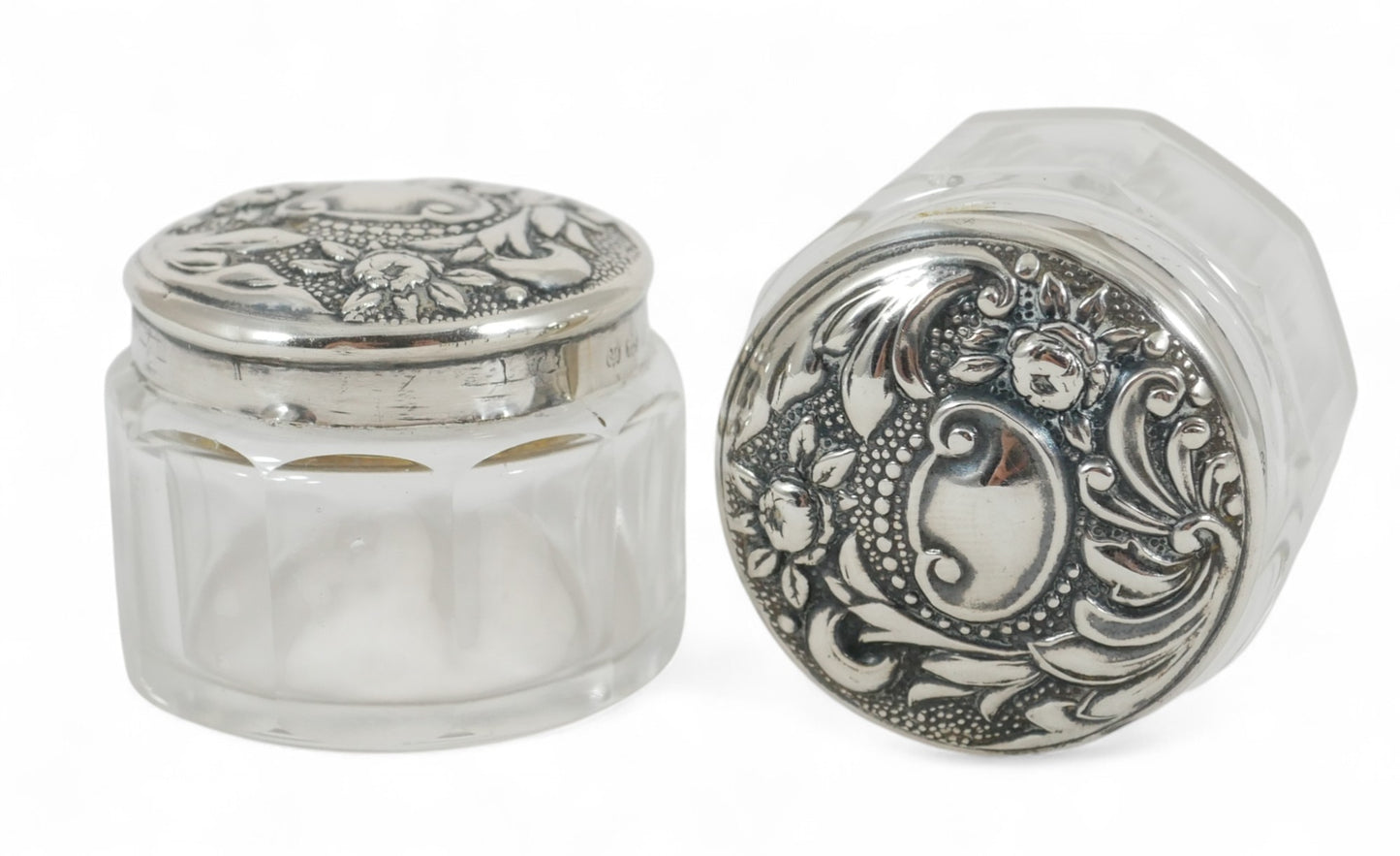 Antique Edwardian 1910 Pair of Sterling Silver Glass Rouge Pots Pill Box Bottles