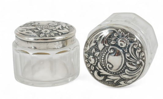 Antique Edwardian 1910 Pair of Sterling Silver Glass Rouge Pots Pill Box Bottles