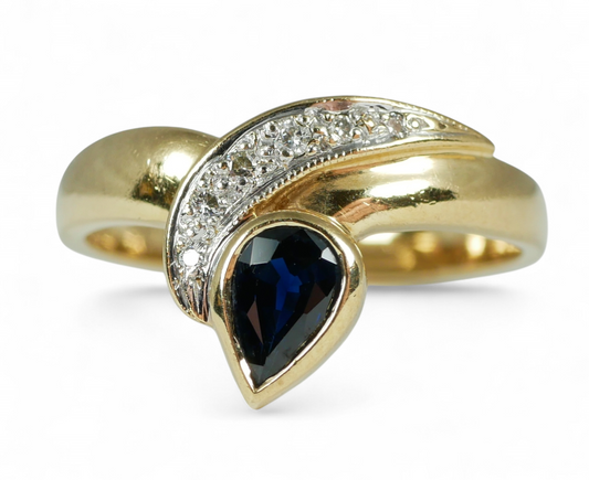 Solid 9ct Yellow Gold Pear Cut Blue Sapphire & Diamond Dress Ring Size 7.5 O 55