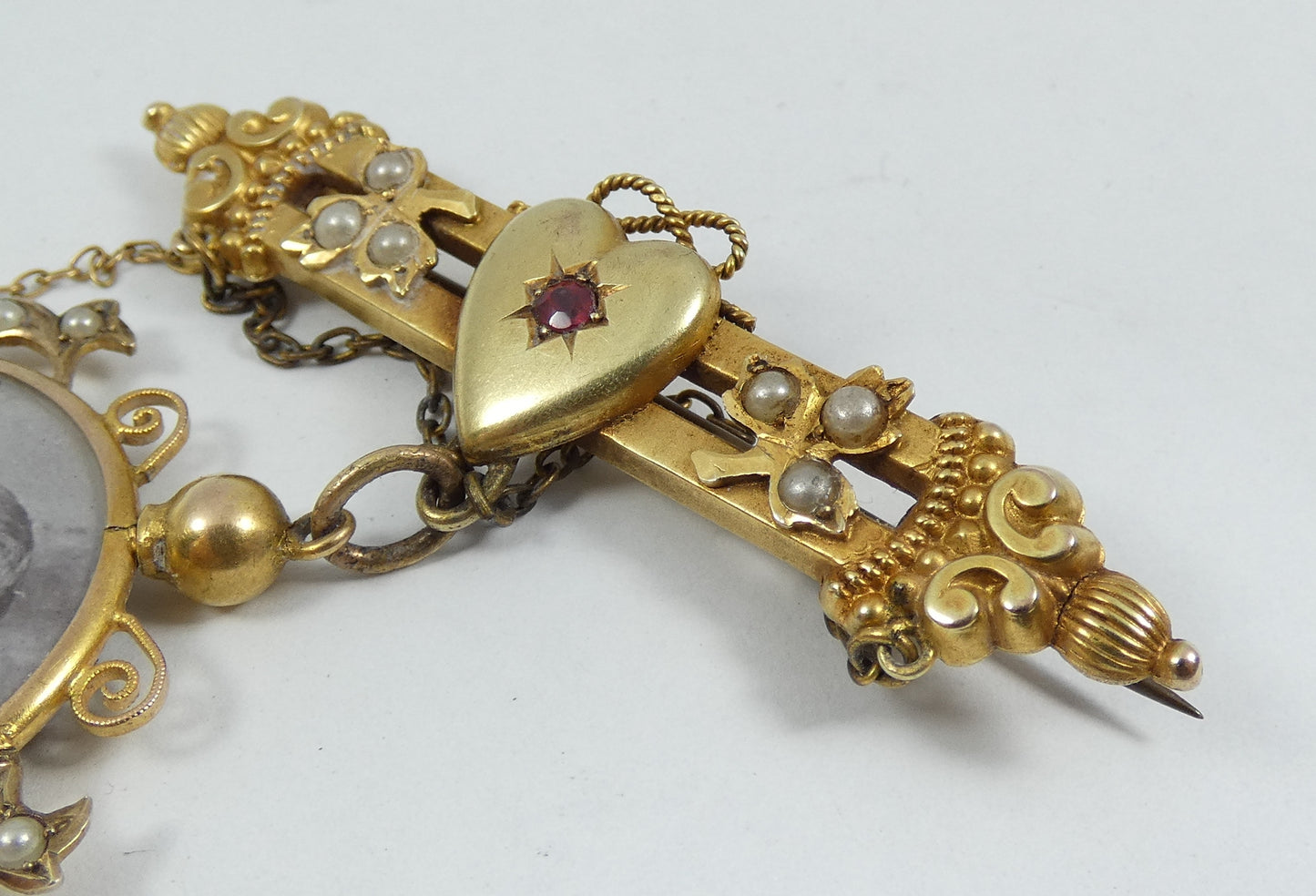 Antique 1900 Solid 9ct Yellow Gold Mourning Brooch Hair Locket Set Pendant Chain