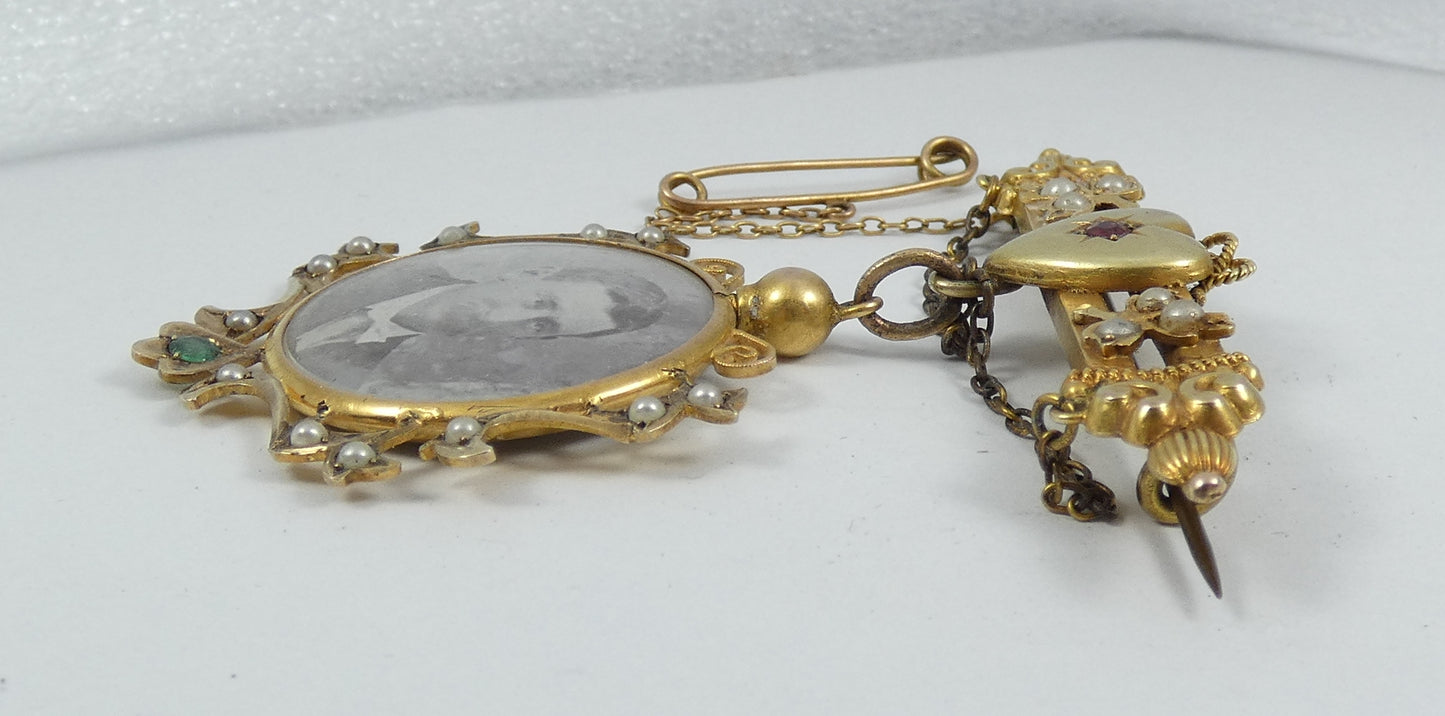 Antique 1900 Solid 9ct Yellow Gold Mourning Brooch Hair Locket Set Pendant Chain