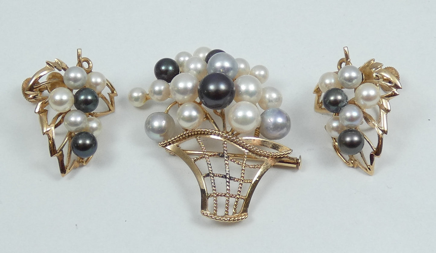 Vintage 14ct Yellow Gold Multicolour Cultured Pearl Brooch Pendant Earrings Set