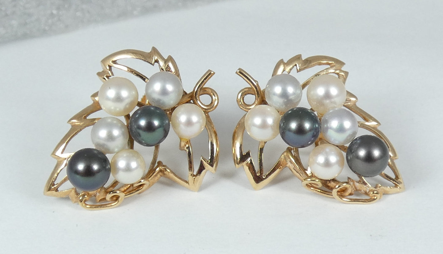 Vintage 14ct Yellow Gold Multicolour Cultured Pearl Brooch Pendant Earrings Set