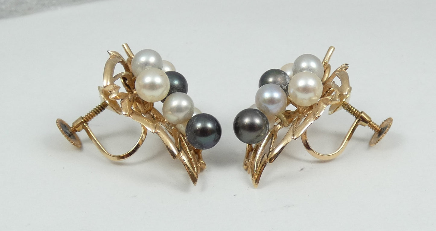 Vintage 14ct Yellow Gold Multicolour Cultured Pearl Brooch Pendant Earrings Set