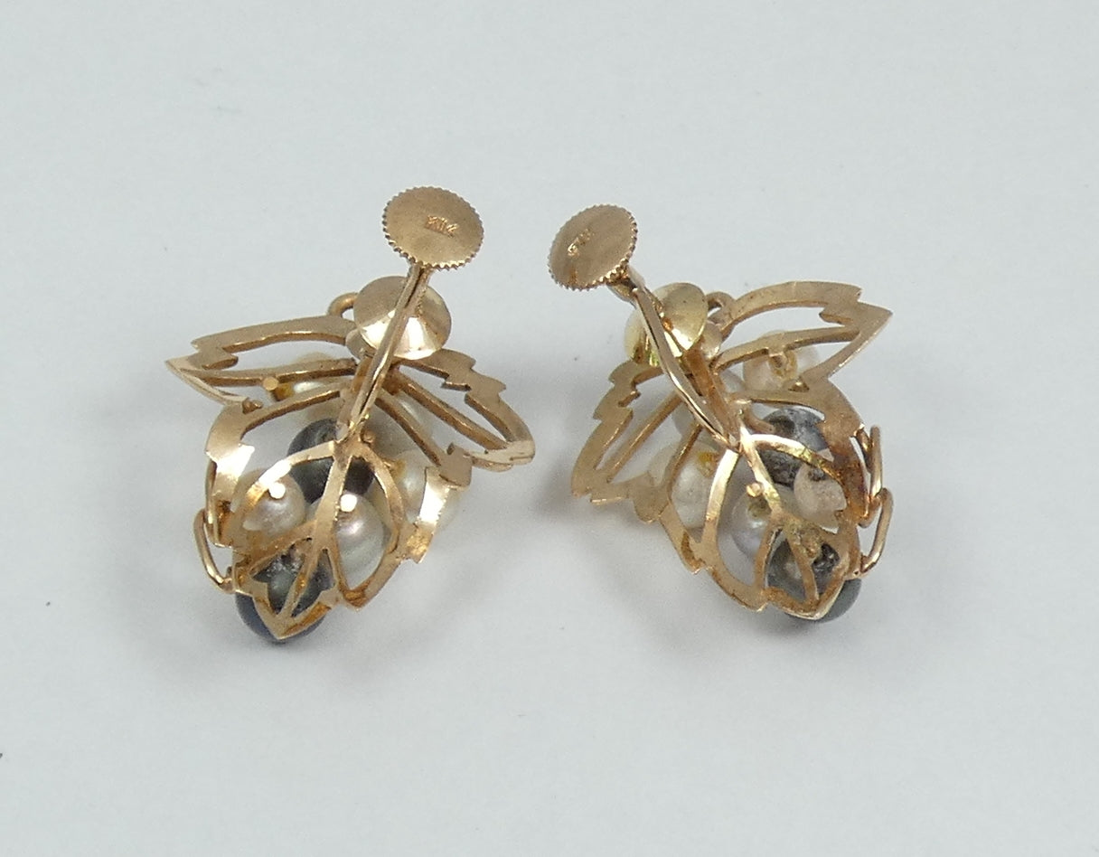 Vintage 14ct Yellow Gold Multicolour Cultured Pearl Brooch Pendant Earrings Set