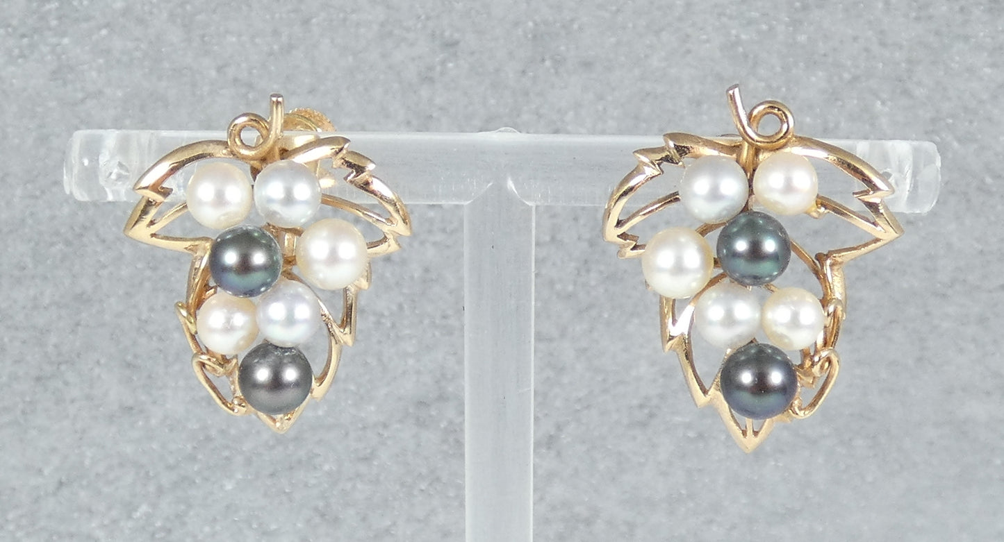 Vintage 14ct Yellow Gold Multicolour Cultured Pearl Brooch Pendant Earrings Set