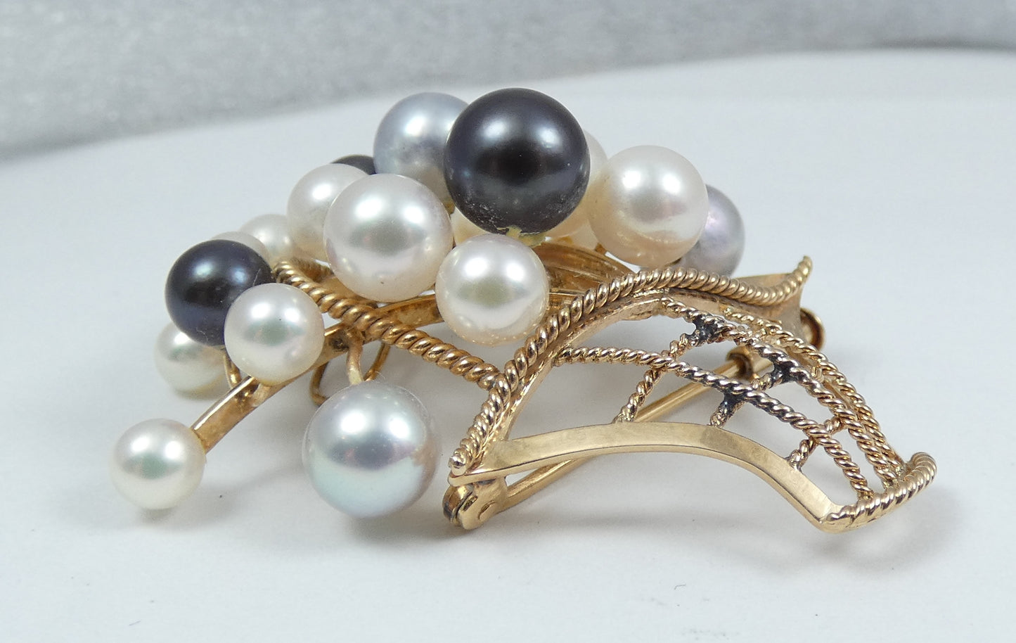 Vintage 14ct Yellow Gold Multicolour Cultured Pearl Brooch Pendant Earrings Set