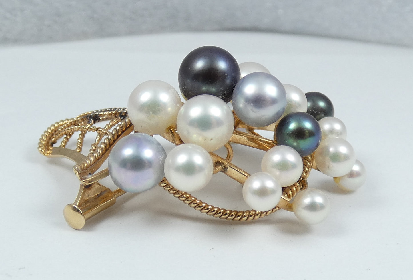 Vintage 14ct Yellow Gold Multicolour Cultured Pearl Brooch Pendant Earrings Set