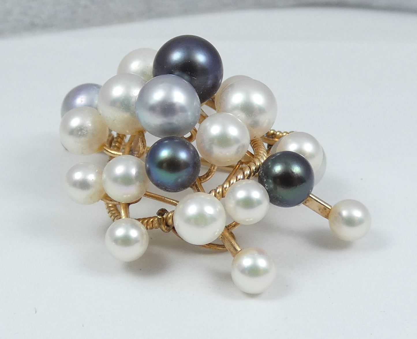 Vintage 14ct Yellow Gold Multicolour Cultured Pearl Brooch Pendant Earrings Set