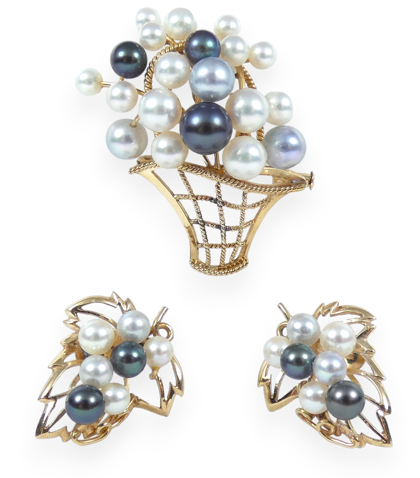Vintage 14ct Yellow Gold Multicolour Cultured Pearl Brooch Pendant Earrings Set