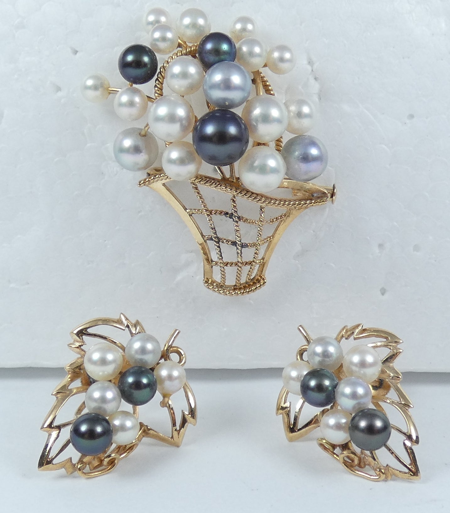 Vintage 14ct Yellow Gold Multicolour Cultured Pearl Brooch Pendant Earrings Set