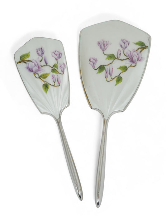 Vintage 1961 Sterling Silver 2pc Guilloche Enamel Magnolia Hair Brush Mirror Set