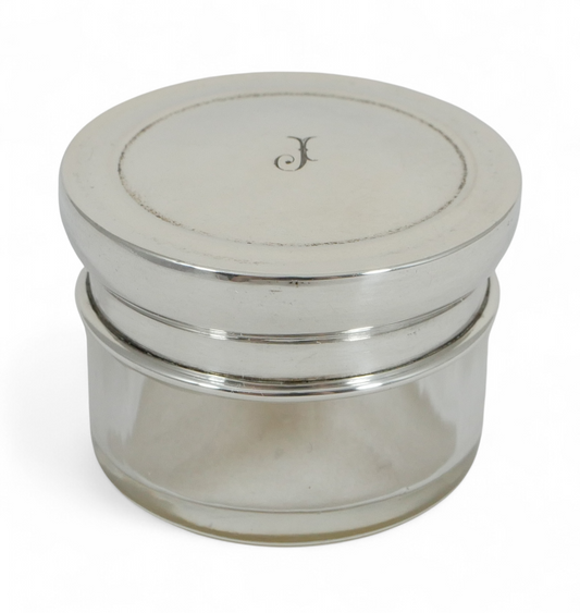 Antique Edwardian 1919 Sterling Silver Round Glass Rouge Pot Pill Box Jar Bottle