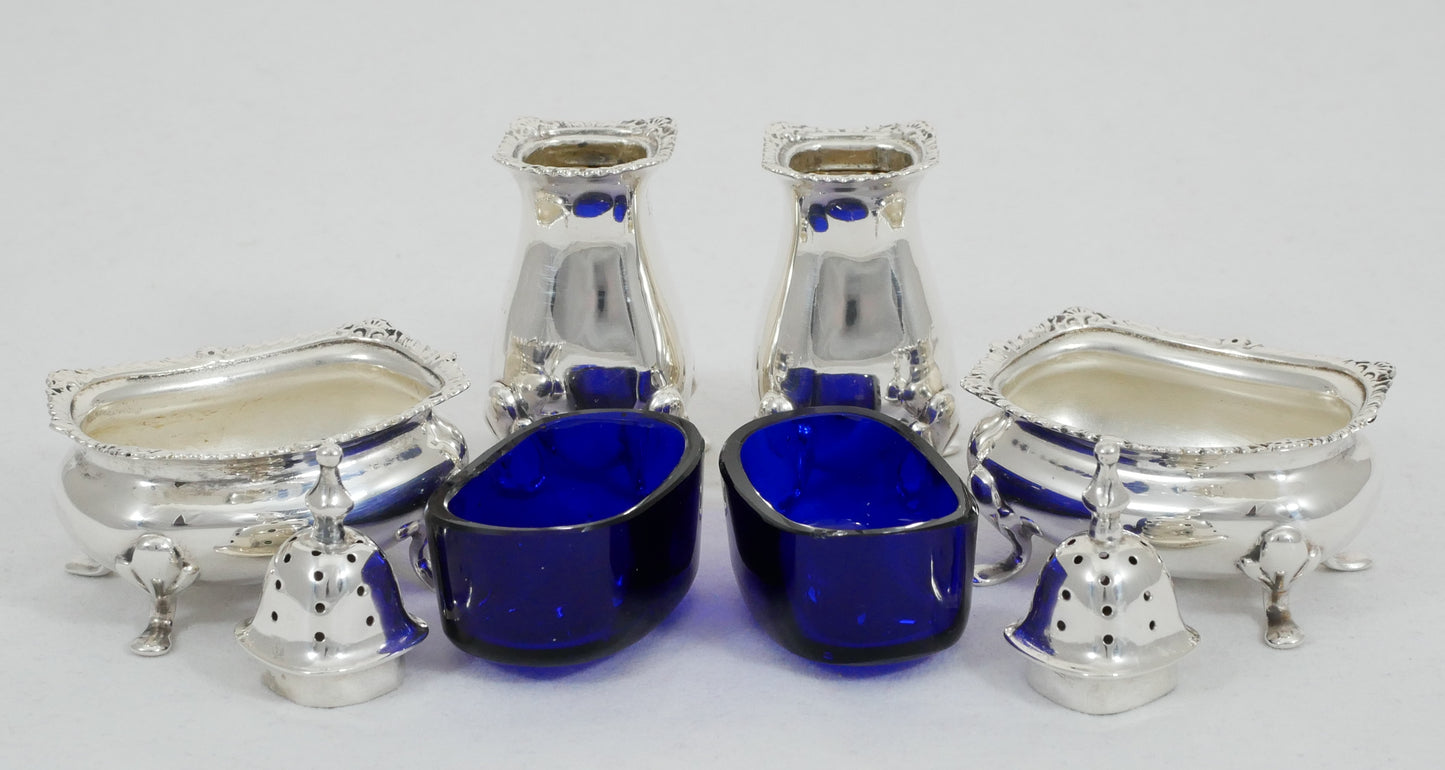Antique Edwardian 1915 Sterling Silver 4pc Cruet Set Salt Cellar Dish Pepper Pot