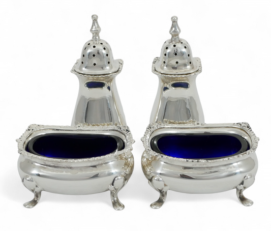 Antique Edwardian 1915 Sterling Silver 4pc Cruet Set Salt Cellar Dish Pepper Pot