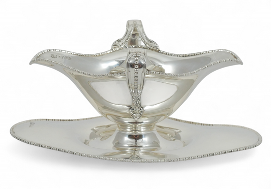Antique Edwardian 1907 Sterling Silver Double Ended Gravy Sauce Boat Saucer Tray