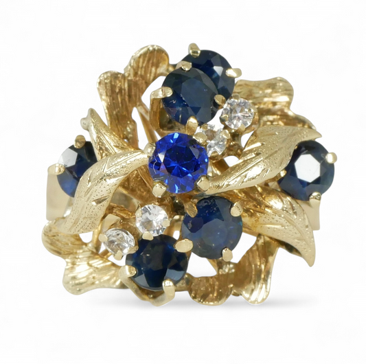 Vintage Solid 10ct Yellow Gold Blue Sapphire Thai Princess Cocktail Ring 8 P 56
