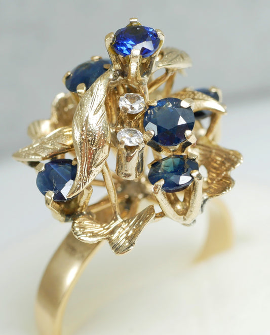 Vintage Solid 10ct Yellow Gold Blue Sapphire Thai Princess Cocktail Ring 8 P 56