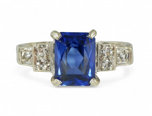 Vintage Art Deco Solid 9ct Yellow White Gold Blue Sapphire Dress Ring 7 N 54