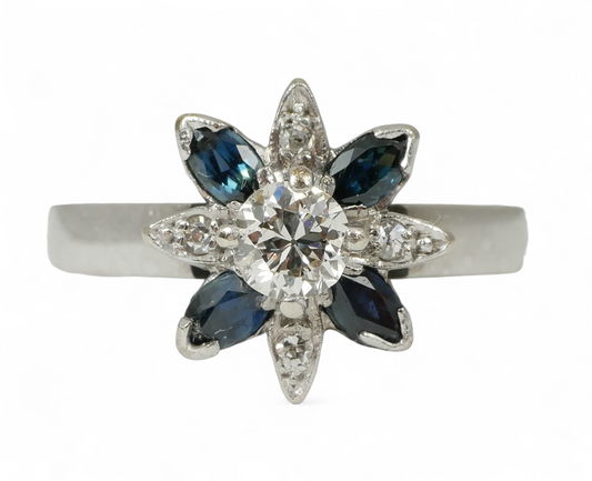 Vintage Solid 18ct White Gold 0.30ct Diamond Sapphire Flower Dress Ring 5.5 K 50