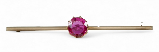 Antique Vintage Solid 9ct Yellow Gold Pink Sapphire 63mm Bar Brooch Safety Chain