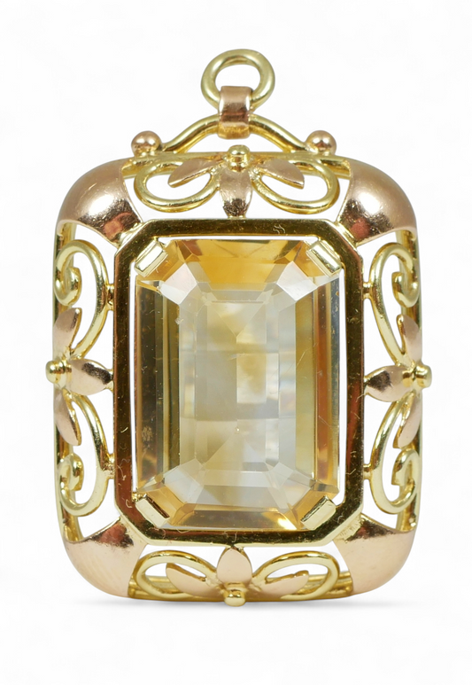 Large 35mm Solid 14ct Yellow Gold 10.85ct Emerald Cut Citrine Necklace Pendant