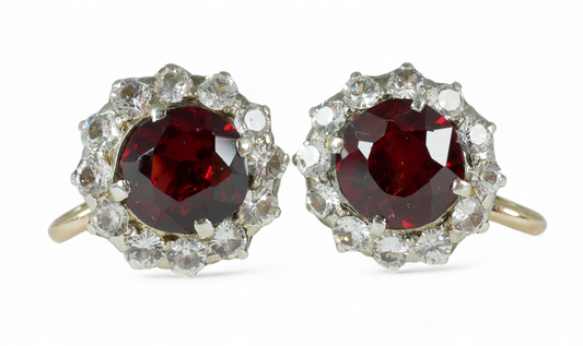 Vintage Set of Solid 9ct Yellow Gold Garnet Sapphire Cluster Screw Back Earrings