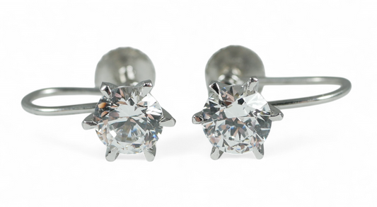 Vintage Set of Solid 9ct White Gold 6mm White Topaz French Screw Back Earrings