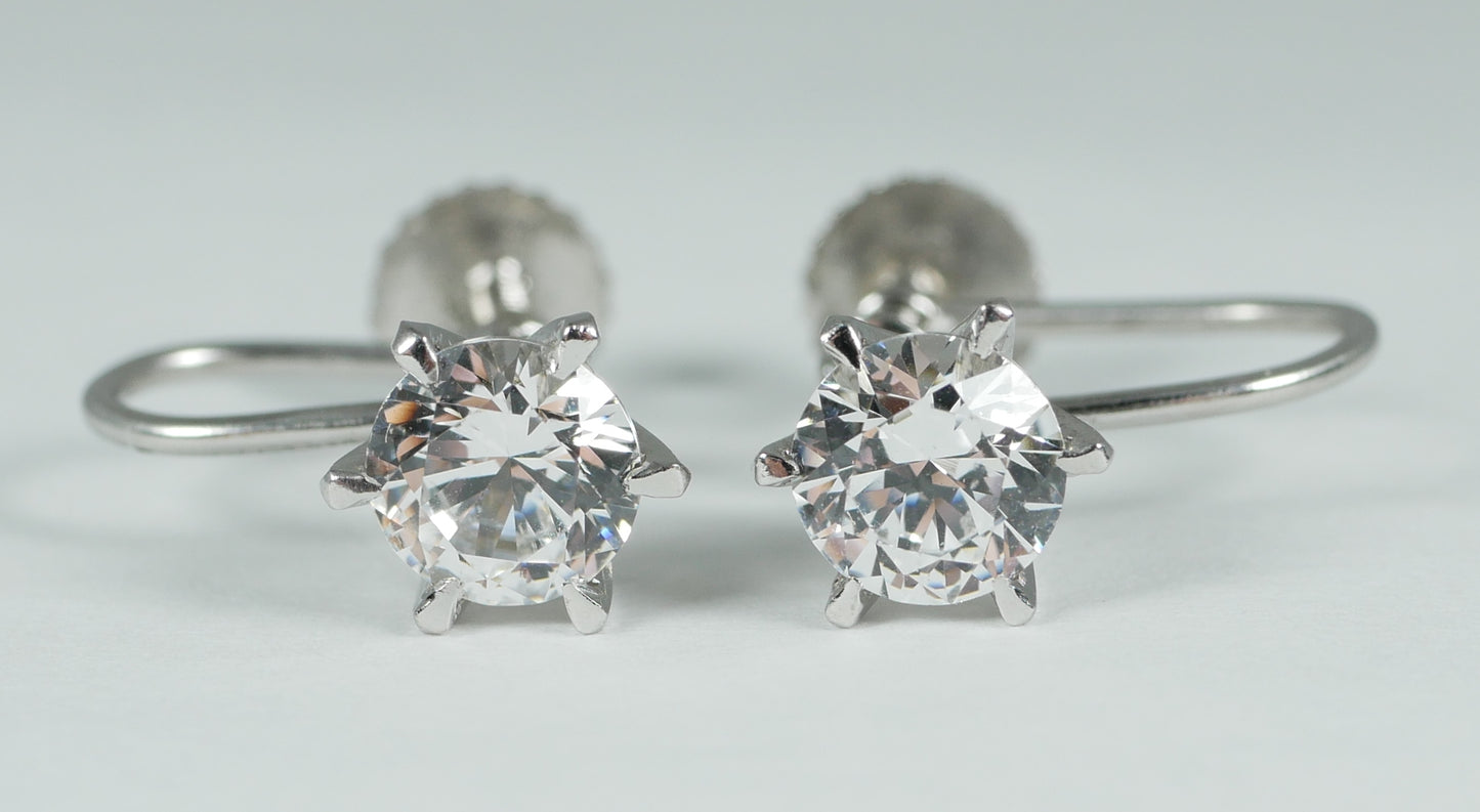 Vintage Set of Solid 9ct White Gold 6mm White Topaz French Screw Back Earrings