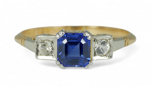 Art Deco Solid 18ct Yellow Gold Platinum Sapphire 3 Stone Dress Ring Size 7 N 54