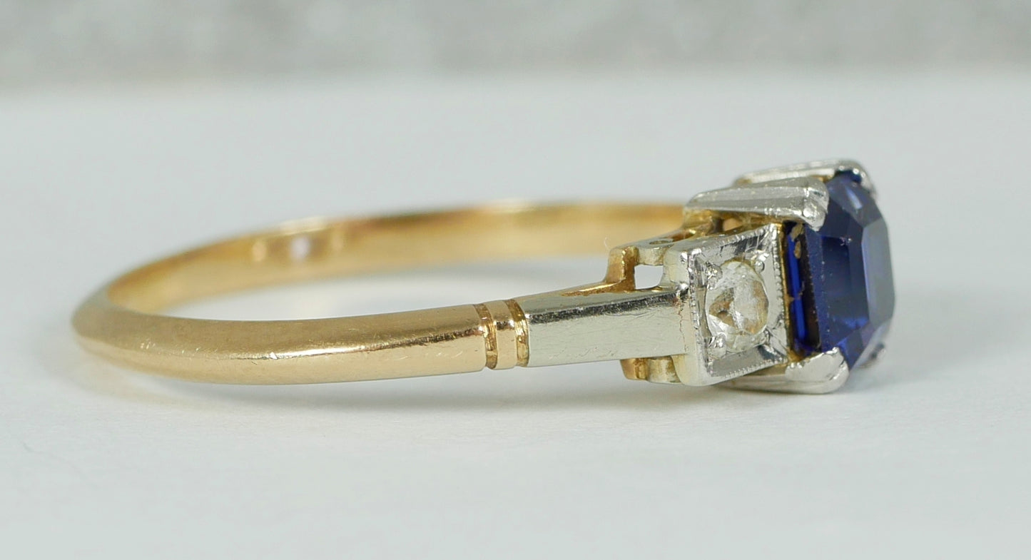 Art Deco Solid 18ct Yellow Gold Platinum Sapphire 3 Stone Dress Ring Size 7 N 54