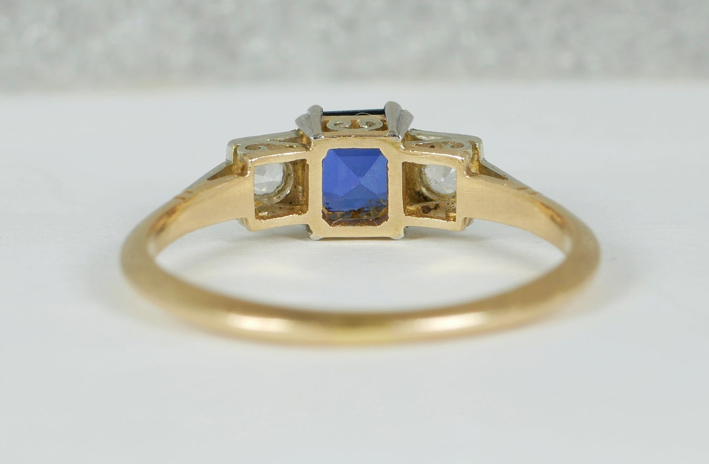 Art Deco Solid 18ct Yellow Gold Platinum Sapphire 3 Stone Dress Ring Size 7 N 54