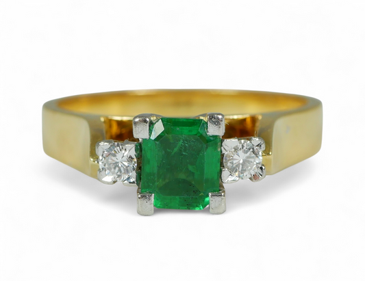 Vintage Solid 18ct Yellow Gold Emerald Diamond 3 Stone Dress Ring Size 6.5 M 52