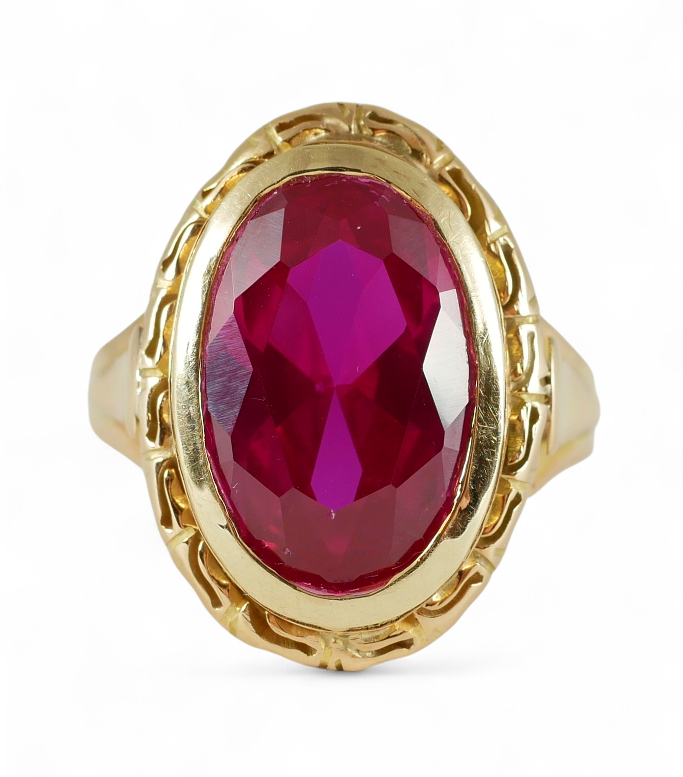 Vintage Solid 14ct Yellow Gold Oval Cut 7ct Ruby Cocktail Dress Ring Size 8 P 56
