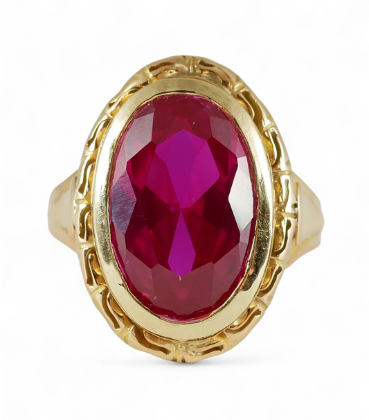 Vintage Solid 14ct Yellow Gold Oval Cut 7ct Ruby Cocktail Dress Ring Size 8 P 56