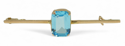 Antique Art Deco Solid 9ct Yellow Gold Aquamarine Glass Paste Bar Brooch Pin 375