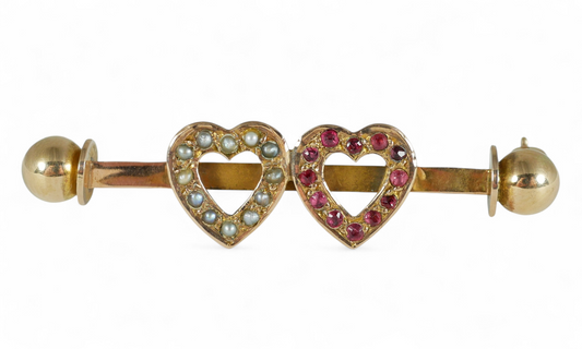 Antique English Solid 9ct Yellow Gold Seed Pearl & Garnet Twin Hearts Brooch Pin